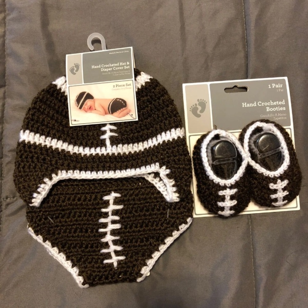 Hand Crocheted Hat, Diaper And Booties